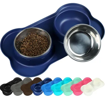 Productafbeelding van Hondenvoerbak Splashfree, dubbele kom, roestvrij staal met siliconenmat, marineblauw, 450 ml