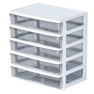Produktbild von Schubladenbox 5 Ebenen Kunststoff, Desktop Organizer mit transparenten Schubladen Aufbewahrungsbox für Büro Kosmetik Schmuck