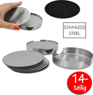 A collage of stainless steel coasters and their holder, with a hand holding one coaster.