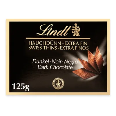 A product shot of Lindt dark chocolate thins packaging.
