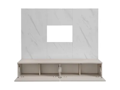 Image de Ensemble meuble TV mural Glam - Bois MDF cachemire et effet marbre blanc - 180 x 155 x 45 cm