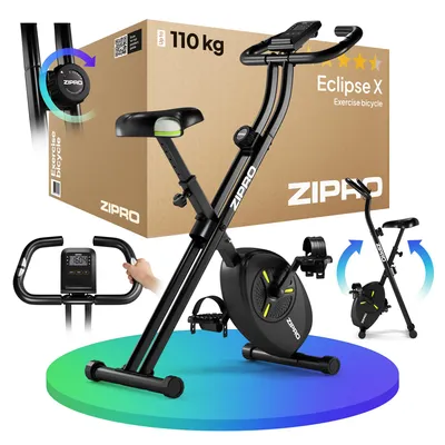 A collage of images showcasing a black exercise bicycle, its packaging, and close-ups of its features.