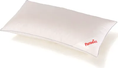A white pillow with a red logo on the corner, isolated on a white background.