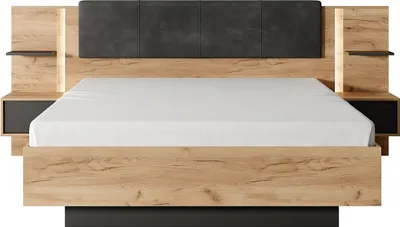 Produktbild von Bett mit Nachttischen 160 x 200 cm - Mit LED - Farben: Natur und Anthrazit - ELYNIA