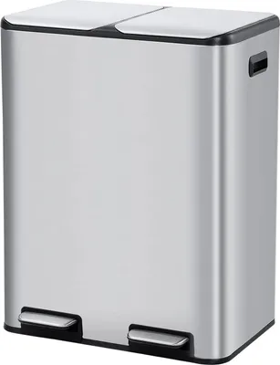 Image de Poubelle double pour cuisine - Poubelle pour le tri des déchets - 2 x 30 l - Acier inoxydable - Couvercle à pression - Écologique