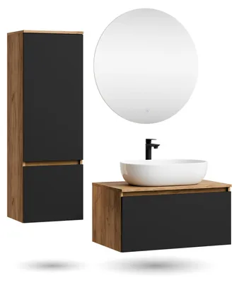 Produktbild von ARISA Badmöbel Set inkl. Hochschrank in Schwarz – Mit Nova LED Spiegel und weißem Keramik-Aufsatzwaschbecken 60 cm