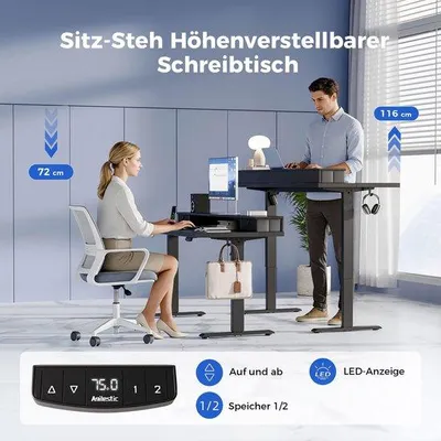 Obrázek produktu pro Výškově nastavitelné psací stůl se dvěma zásuvkami, elektrický stůl s možností stání, rozměry 100 x 60 cm, ergonomický počítačový stůl, stabilní černý stůl do domácnosti