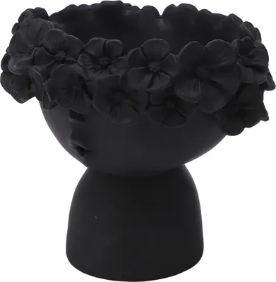 A black decorative planter shaped like a face with flowers around its head, set against a white background.