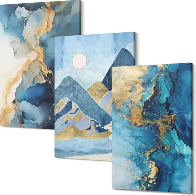 Produktbild von Leinwandbilder – Wandbilder – Leinwandbild – Canvas Bild – Polycanvas – Kunstdruck –  – Modern – Aufhängefertig – Mehrteilig – 3-Teilig – 40x60 Cm Pro Bild - Blaue Berge mit abstrakten Musterelementen