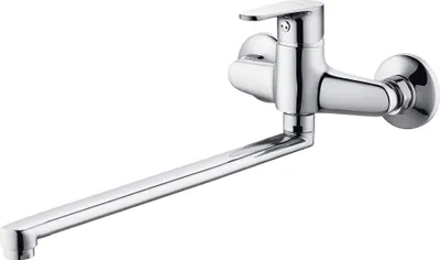 A chrome wall-mounted faucet with a long, extendable spout.