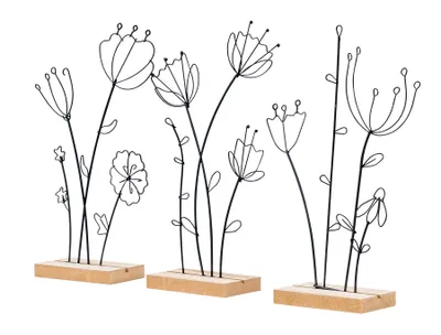 Produktbild von 3er Set Aufsteller Blume Metall MDF Schwarz Natur Draht Deko Tischdeko Drahtblume Frühling Figur Wohndeko