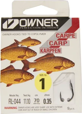 Produktbild von Owner Karpfenhaken gebunden 70cm Gr.1, Größe/Tragkraft/Durchmesser/Inhalt:Gr.1/11.1kg/0.35mm/9 Haken pro Packung