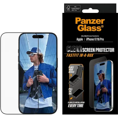 Produktbild von PanzerGlass ® Displayschutz iPhone 17 | iPhone 16 Pro | Ultra-Wide Fit m. Fastfit in-a-box, Apple, Apple - iPhone 17, Apple - iPhone 16 Pro, Trockene Anwendung, Kratzresistent, Schockresistent, Transparent, 1 Stück(e)