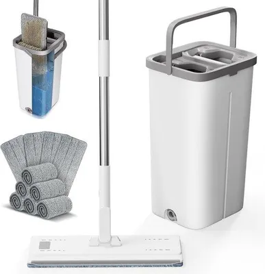 Image de Kit de nettoyage en microfibre avec seau, manche en acier inoxydable, essoreuse, blanc, pour 2 pièces