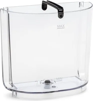 A clear plastic water tank with a black handle, labeled with 'MAX' and 'MIN' fill lines.