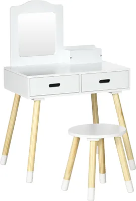 Produktbild von ZONEKIZ Schminktisch für Mädchen, Kinder-Schminktisch aus Holz mit Hocker und Spiegel, Beauty-Center mit 2 Schubladen, Lernspielzeug für Mädchen von 3–6 Jahren, 60 x 40 x 95 cm, Weiß