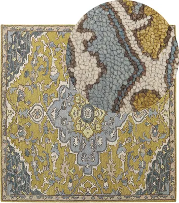 Produktbild von BELIANI Teppich Gelb und Blau Wolle 200 x 200 cm Kurzflor Orientalisches Design Vintage Handgetuftet Quadratisch Wohnzimmer Schlafzimmer Flur