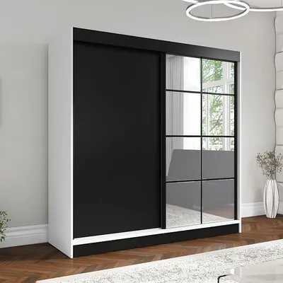 Produktbild von Schwebetürenschrank TAVIRO Kleiderschrank 2-türig mit Schubladen und Spiegel, Garderobe 200 cm (Weiß/Schwarz)