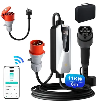A collection of electric vehicle charging equipment, including a charger, cables, adapters, and a carrying case, laid out on a white background.