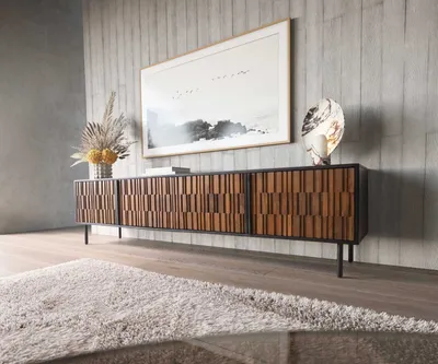 Produktbild von DELIFE Lowboard Kallam 200 cm Sheesham Walnuß Mango Schwarz Metall Schwarz 4 Türen
