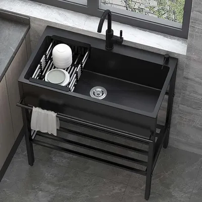 Produktbild von Freistehende Catering-Spüle, Küche, Restaurant, Allzweckspüle, Doppelschüssel mit Wasserhahn, Ablagen für Garage, Waschküche, Garten, 68 x 45 x 85 cm