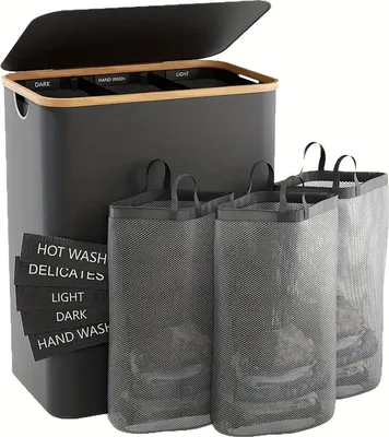 Produktbild von INF Multifunktionaler Wäschekorb mit 3 Netztaschen und Sortieretiketten Schwarz