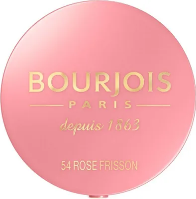 A top-down view of a round pink makeup compact with gold lettering.