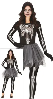 Productafbeelding van Skelet Halloween kostuum set met tutu en capuchon. Ideaal voor griezelige feesten en kostuumfeesten. Compleet met een uniek skeletprint. Maat: 36 - 38 (S). Kleur: Wit