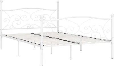 A white metal bed frame with a slatted base, shown from a side angle against a white background.