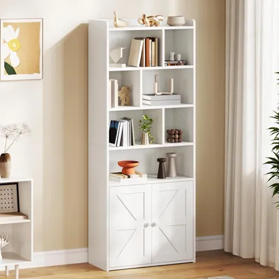Produktbild von Bücherregal mit Türen und Schrank, 4-stöckig, freistehend, offen, Weiß, 60 x 30 x 159 cm
