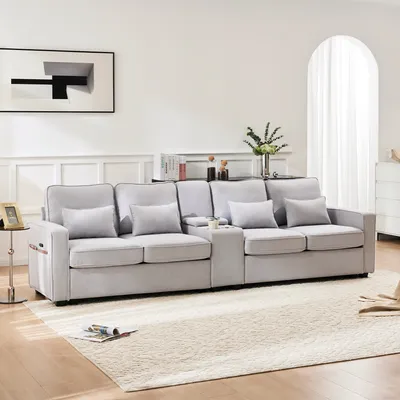Zdjęcie produktu dla MERAX 4-osobowy z bocznymi kieszeniami i uchwytem na napoje Sofa XXL z USB, szezlong, meble tapicerowane z ozdobnymi poduszkami