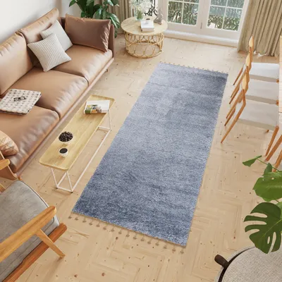Produktbild von Teppichläufer Flur Teppich Hochflor Langflor Shaggy Modern Brücke Wohnzimmer Schlafzimmer Design Einfarbig Weich Blau  80 x 400 cm