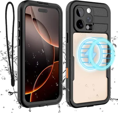 A product image showing a phone case with a phone inside, surrounded by water splashes.