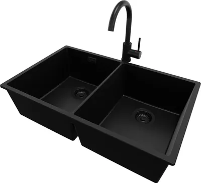 Produktbild von PRIMAGRAN Unterbauspüle Granit Alles Schwarz 76x47cm, Spülbecken 2 Becken + Küchenarmatur 32x20cm + Ablauf-Set, Granitspüle ab 80er Unterschrank - London Twin