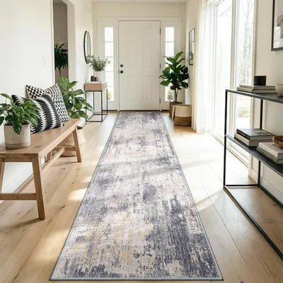 Läufer 60x300 cm, antislip, kurzflor, waschbar, abstrakt, grau-gelb