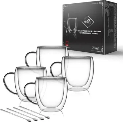 Produktbild von Famanu Kaffeetassen Doppelwandig - Set von 4 - 250 ml - mit Löffeln - hitzebeständig