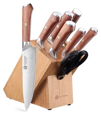 Immagine prodotto di Set di coltelli da cucina, 8 pezzi, con base porta coltelli in legno di quercia, acciaio inossidabile ad alto contenuto di carbonio e manici ergonomici