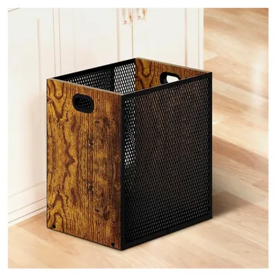 Produktbild von Papierkorb 16,8 L, Kombination aus Eisen und Holz, rechteckiger Abfalleimer im Industriestil, Aufbewahrungskorb mit Griffen, 28 x 20 x 30 cm