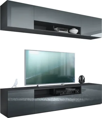 Produktbild von Vladon Wohnwand Mogan, Schwarz matt/Grau Hochglanz - Moderne Anbauwand bestehend aus 2 TV-Boards (181 x 147 x 35 cm)