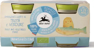 MIĘSO PSTRĄGA Z WARZYWAMI BEZGLUTENOWE OD 4 MIESIĄCA BIO (2 x 80 g) 160 g - ALCE NERO