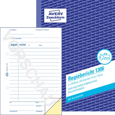 Produktbild von Avery Zweckform 1306, Regiebericht, A5, mit Blaupapier, 2x50 Blatt