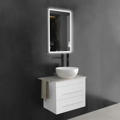 Produktbild von Alpenberger Badmöbel Set mit Spiegel 60 cm | Gäste WC Waschbecken mit Unterschrank und Keramik Aufsatzwaschbecken | Keramikplatte