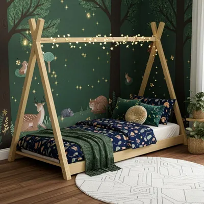 Produktbild von MEBLE WRÓBEL Kinderbett Tipi 90x190 cm | Bett aus Kiefernholz – Unlackiert | Montessori | Hausbett für Mädchen und Jungen | Abgerundete Kanten
