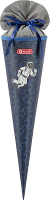 A cone-shaped school bag with a space-themed design, featuring an astronaut graphic and a gray fabric top with a blue ribbon.