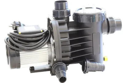 A black and silver water pump with hoses and a power cord, isolated on a white background.