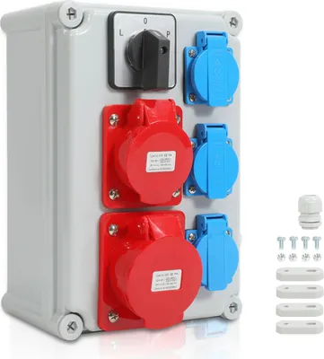 Image de Distributeur mural Jayseuw avec commutateur à came L-0-P et MCB,5 pôles Distributeur de chantier avec 3xprise Schuko et prise CEE 16/32A Distributeur de courant pour intérieur et extérieur