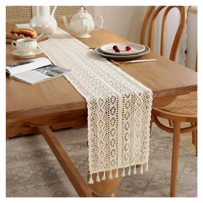 Produktbild von 24*100cm Beiger Makramee Tischläufer mit Quasten für Boho Deko