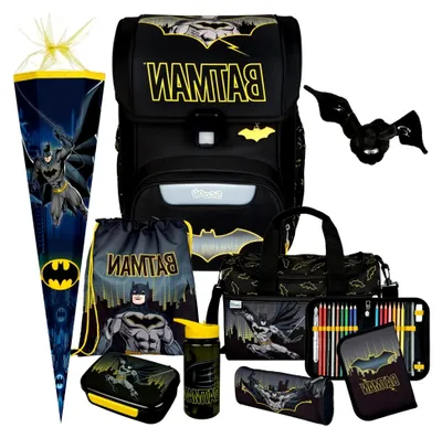 Produktbild von Scooli Schulranzen für die 1. Klasse Jungen EasyStart Set (Batman 10-teilig mit Sporttasche, Brotdose, Trinkflasche, passendem Plüschtier und Schultüte)