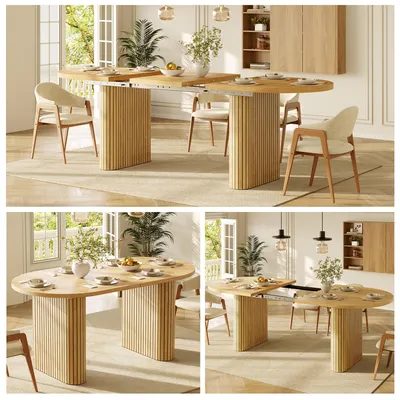 Productafbeelding van Uittrekbare eettafel, afmetingen 120–160 x 80 x 75,5 cm, ovaal tafelblad van MDF, verticaal gestructureerde poten, afgeronde hoeken, draagvermogen tot 60 kg
