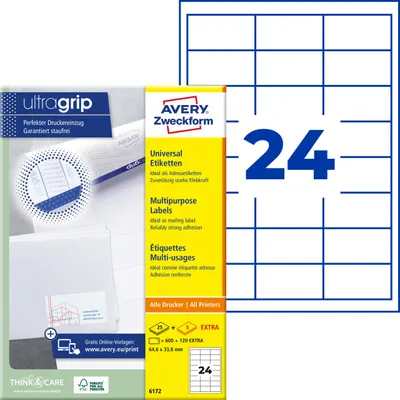 Produktbild von Avery Zweckform 6172, Universal-Etiketten, A4, Qualitätsdruck mit: ultragrip, 64,6 x 33,8 mm, 720 Etiketten / 30 Bögen, weiß